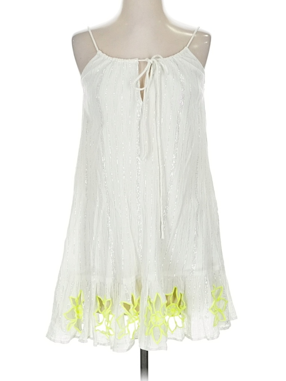 Sundress womans White Spaghetti Strap with Yellow Flower eyelet mini dress S